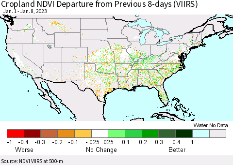 United States Cropland NDVI Departure from Previous 8-days (VIIRS) Thematic Map For 1/1/2023 - 1/8/2023