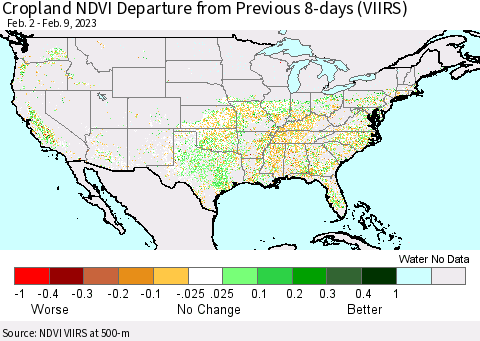 United States Cropland NDVI Departure from Previous 8-days (VIIRS) Thematic Map For 2/2/2023 - 2/9/2023