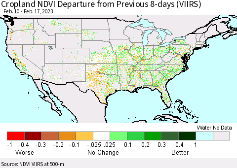 United States Cropland NDVI Departure from Previous 8-days (VIIRS) Thematic Map For 2/10/2023 - 2/17/2023
