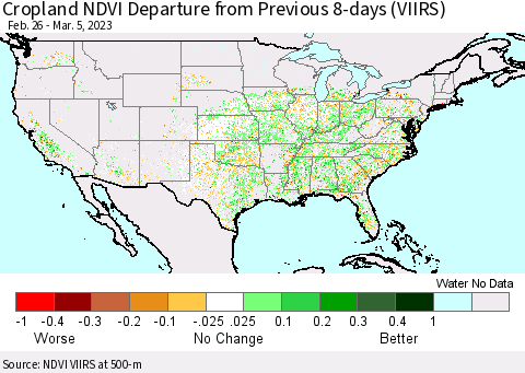 United States Cropland NDVI Departure from Previous 8-days (VIIRS) Thematic Map For 2/26/2023 - 3/5/2023