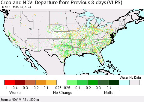 United States Cropland NDVI Departure from Previous 8-days (VIIRS) Thematic Map For 3/6/2023 - 3/13/2023