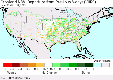 United States Cropland NDVI Departure from Previous 8-days (VIIRS) Thematic Map For 3/22/2023 - 3/29/2023