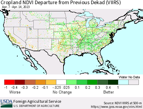 United States Cropland NDVI Departure from Previous Dekad (VIIRS) Thematic Map For 4/11/2023 - 4/20/2023