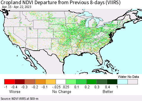 United States Cropland NDVI Departure from Previous 8-days (VIIRS) Thematic Map For 4/15/2023 - 4/22/2023