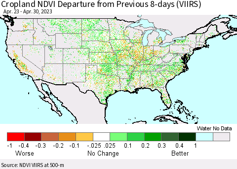 United States Cropland NDVI Departure from Previous Dekad (VIIRS) Thematic Map For 4/21/2023 - 4/30/2023
