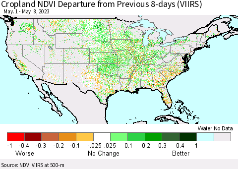 United States Cropland NDVI Departure from Previous 8-days (VIIRS) Thematic Map For 5/1/2023 - 5/8/2023