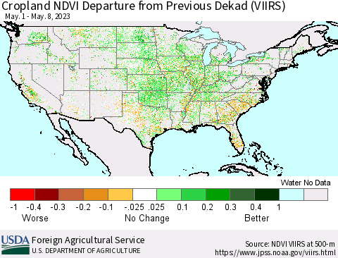United States Cropland NDVI Departure from Previous Dekad (VIIRS) Thematic Map For 5/1/2023 - 5/10/2023