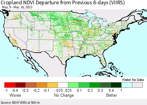 United States Cropland NDVI Departure from Previous 8-days (VIIRS) Thematic Map For 5/9/2023 - 5/16/2023