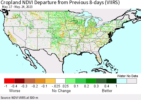 United States Cropland NDVI Departure from Previous 8-days (VIIRS) Thematic Map For 5/17/2023 - 5/24/2023