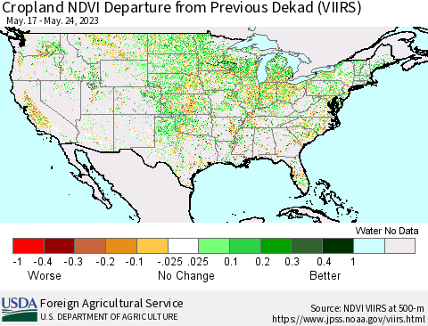 United States Cropland NDVI Departure from Previous Dekad (VIIRS) Thematic Map For 5/21/2023 - 5/31/2023