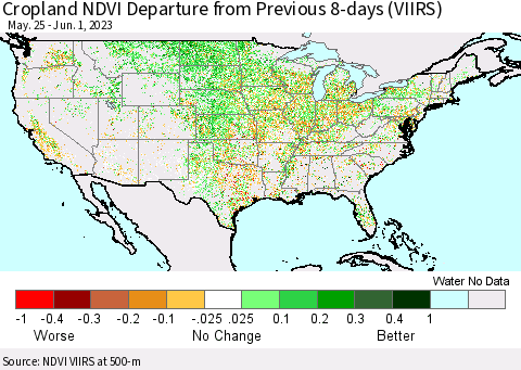 United States Cropland NDVI Departure from Previous 8-days (VIIRS) Thematic Map For 5/25/2023 - 6/1/2023