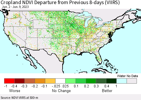 United States Cropland NDVI Departure from Previous 8-days (VIIRS) Thematic Map For 6/2/2023 - 6/9/2023