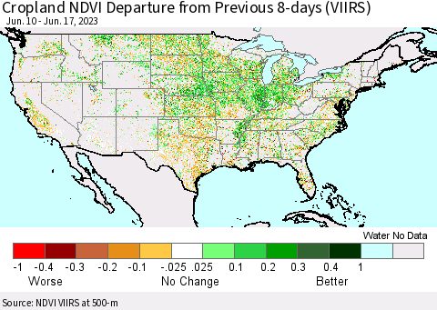 United States Cropland NDVI Departure from Previous 8-days (VIIRS) Thematic Map For 6/10/2023 - 6/17/2023