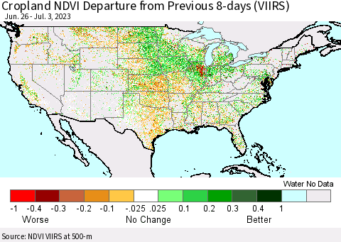 United States Cropland NDVI Departure from Previous 8-days (VIIRS) Thematic Map For 6/26/2023 - 7/3/2023