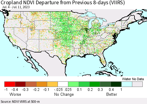 United States Cropland NDVI Departure from Previous 8-days (VIIRS) Thematic Map For 7/4/2023 - 7/11/2023
