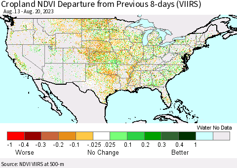 United States Cropland NDVI Departure from Previous Dekad (VIIRS) Thematic Map For 8/11/2023 - 8/20/2023