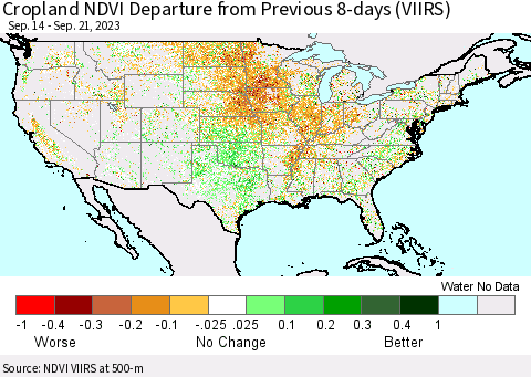 United States Cropland NDVI Departure from Previous 8-days (VIIRS) Thematic Map For 9/14/2023 - 9/21/2023