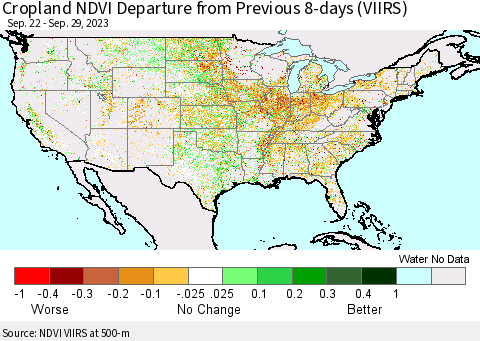 United States Cropland NDVI Departure from Previous 8-days (VIIRS) Thematic Map For 9/22/2023 - 9/29/2023