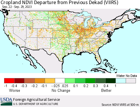 United States Cropland NDVI Departure from Previous Dekad (VIIRS) Thematic Map For 9/21/2023 - 9/30/2023