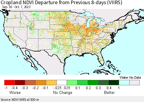 United States Cropland NDVI Departure from Previous 8-days (VIIRS) Thematic Map For 9/30/2023 - 10/7/2023