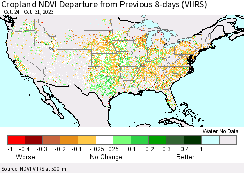United States Cropland NDVI Departure from Previous 8-days (VIIRS) Thematic Map For 10/24/2023 - 10/31/2023