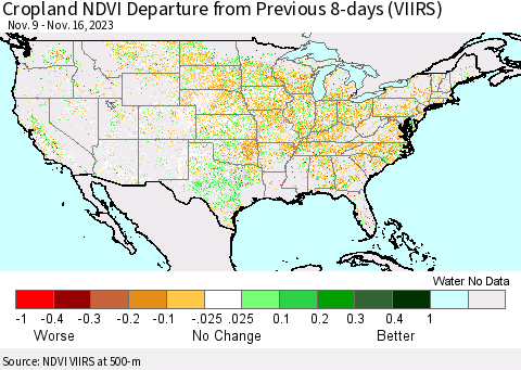 United States Cropland NDVI Departure from Previous 8-days (VIIRS) Thematic Map For 11/9/2023 - 11/16/2023