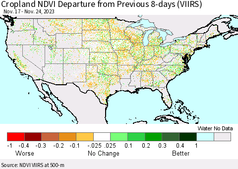 United States Cropland NDVI Departure from Previous 8-days (VIIRS) Thematic Map For 11/17/2023 - 11/24/2023