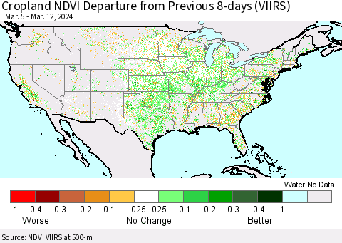 United States Cropland NDVI Departure from Previous 8-days (VIIRS) Thematic Map For 3/5/2024 - 3/12/2024