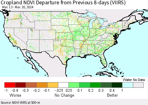 United States Cropland NDVI Departure from Previous 8-days (VIIRS) Thematic Map For 3/13/2024 - 3/20/2024