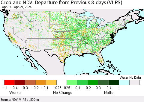United States Cropland NDVI Departure from Previous 8-days (VIIRS) Thematic Map For 4/14/2024 - 4/21/2024
