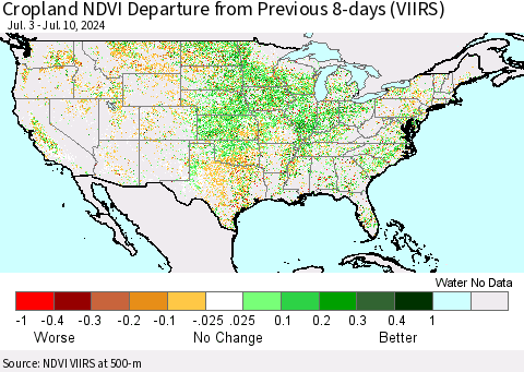 United States Cropland NDVI Departure from Previous 8-days (VIIRS) Thematic Map For 7/3/2024 - 7/10/2024