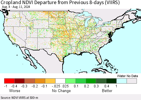 United States Cropland NDVI Departure from Previous 8-days (VIIRS) Thematic Map For 8/4/2024 - 8/11/2024
