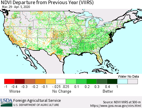 United States NDVI Departure from Previous Year (VIIRS) Thematic Map For 4/1/2020 - 4/10/2020