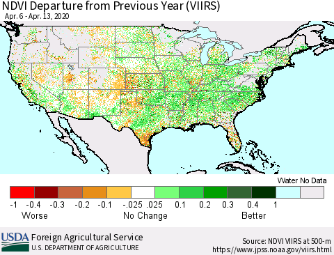 United States NDVI Departure from Previous Year (VIIRS) Thematic Map For 4/11/2020 - 4/20/2020