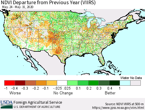United States NDVI Departure from Previous Year (VIIRS) Thematic Map For 5/21/2020 - 5/31/2020
