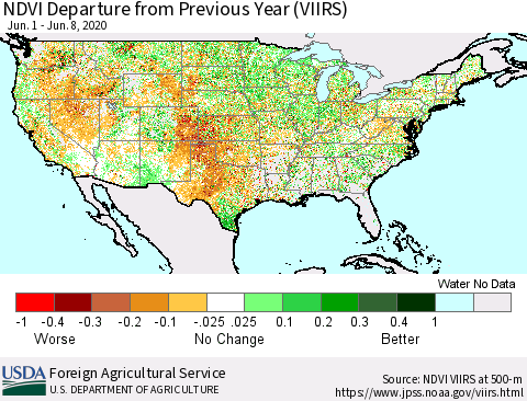 United States NDVI Departure from Previous Year (VIIRS) Thematic Map For 6/1/2020 - 6/10/2020