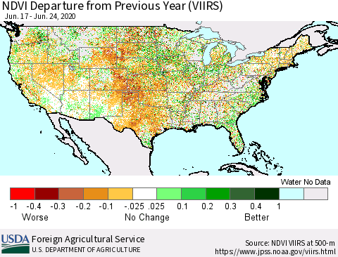 United States NDVI Departure from Previous Year (VIIRS) Thematic Map For 6/21/2020 - 6/30/2020