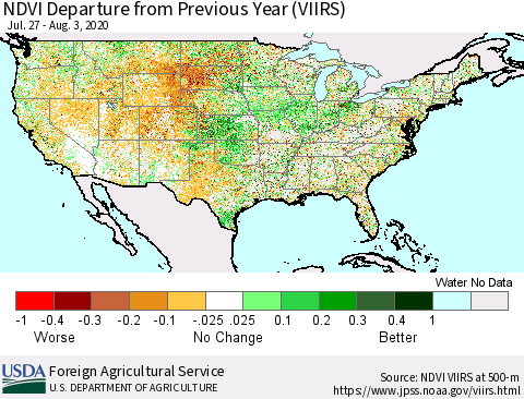 United States NDVI Departure from Previous Year (VIIRS) Thematic Map For 8/1/2020 - 8/10/2020