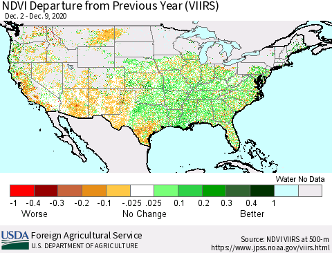 United States NDVI Departure from Previous Year (VIIRS) Thematic Map For 12/1/2020 - 12/10/2020