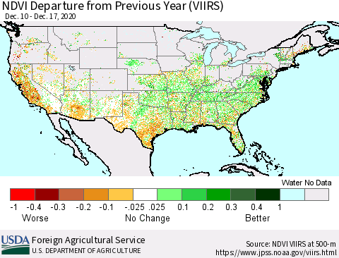 United States NDVI Departure from Previous Year (VIIRS) Thematic Map For 12/11/2020 - 12/20/2020
