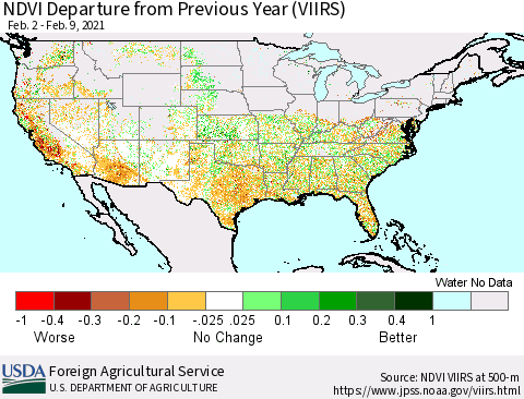 United States NDVI Departure from Previous Year (VIIRS) Thematic Map For 2/1/2021 - 2/10/2021