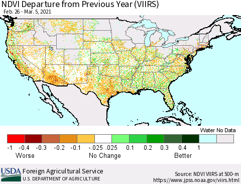 United States NDVI Departure from Previous Year (VIIRS) Thematic Map For 3/1/2021 - 3/10/2021