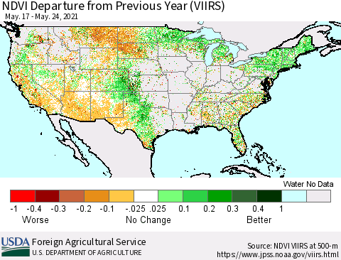 United States NDVI Departure from Previous Year (VIIRS) Thematic Map For 5/21/2021 - 5/31/2021
