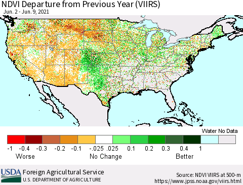 United States NDVI Departure from Previous Year (VIIRS) Thematic Map For 6/1/2021 - 6/10/2021