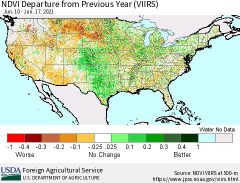 United States NDVI Departure from Previous Year (VIIRS) Thematic Map For 6/11/2021 - 6/20/2021