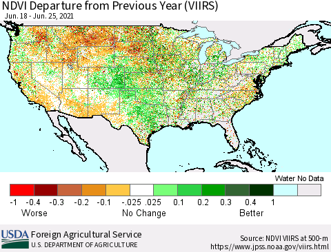 United States NDVI Departure from Previous Year (VIIRS) Thematic Map For 6/21/2021 - 6/30/2021