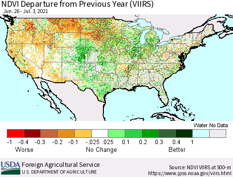 United States NDVI Departure from Previous Year (VIIRS) Thematic Map For 7/1/2021 - 7/10/2021