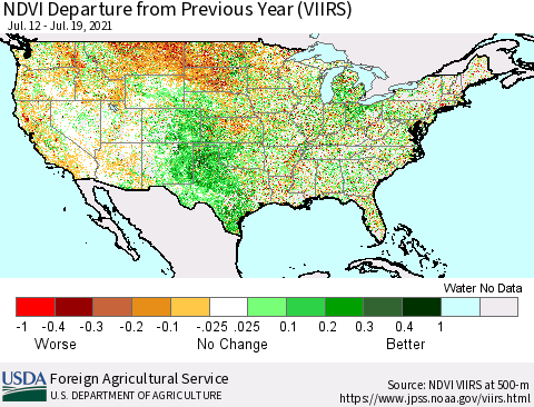 United States NDVI Departure from Previous Year (VIIRS) Thematic Map For 7/11/2021 - 7/20/2021
