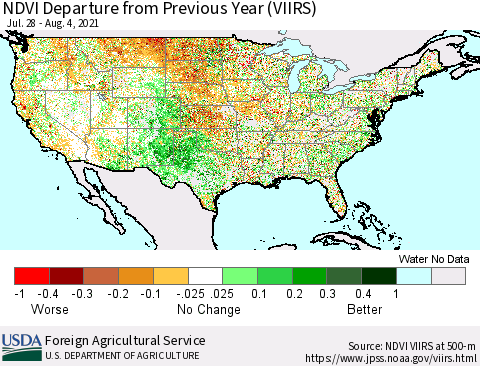 United States NDVI Departure from Previous Year (VIIRS) Thematic Map For 8/1/2021 - 8/10/2021
