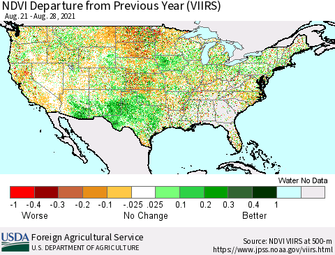 United States NDVI Departure from Previous Year (VIIRS) Thematic Map For 8/21/2021 - 8/31/2021